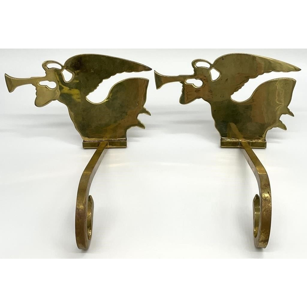 2 Solid Brass Angel Stocking Holder Mantel Long Arm Gold Heavy India - Picture 2 of 8